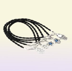 100Pcs Mixed Kabbalah Hamsa Hand lucky Charms Bracelets Black Leather Braided String 17 21cm4457691