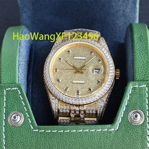 Nano-Plating Luxury Watch for Gift Rose Gold Bated Aço inoxidável Homens de vidro branco Moissanite redondo Gems Analog Stones Watch