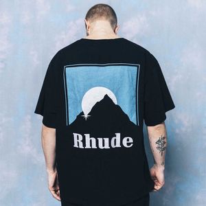 Alta qualidade Original Rhuder Designer T Shirts High Street Classic Snow Mountain Sunset Tema Prind casual Loose Mens Womens Trend Manga curta com logotipo 1: 1