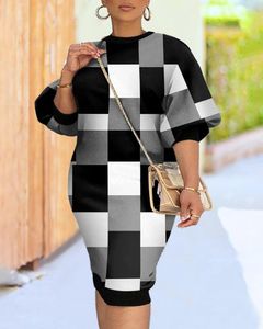カジュアルドレス幾何学的なプリントカラーブロックランタンスリーブドレス女性サマースプリングハイウエストミニ