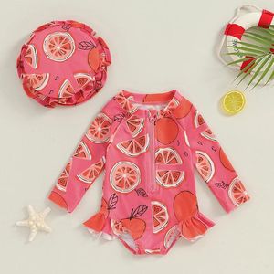 Bekleidungssets Beqeuewll Baby Girls Badeanzug Blumenfruchtdruck Langarm Bikini mit Hutgeborene Badebad für Sommerbaden