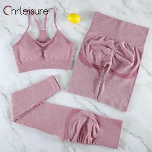 Women's Tracksuits CHRLEISURE Seamless Gym 3 Piece Set Women Fitness Sports Suits High Waist Booty Leggings Bra Running Athletic Wear Sets Y240426