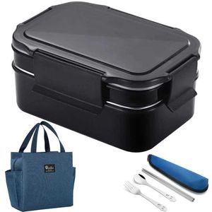 Bento Boxes 1.6L Rostfritt stål Black Lunch Box Food Container Camping Picnic School Work Office Leak Proof Japan 2-Lager Set Q240427