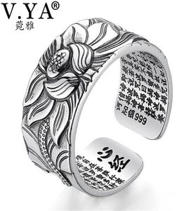 VYA 100 Real 999 Pure Silver Jewelry Lotus Flower Open Ring For Men Male Fashion Size Buddhistic Heart Sutra Rings Gifts 221289255