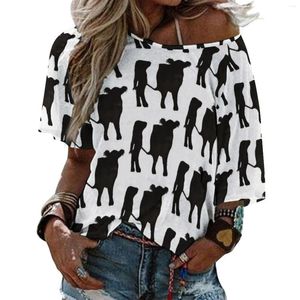 Women's T Shirts Bobbi Belted Galloway Ruffle Short Sleeve T-Shirt V Neck Sexy Printed Shirt Tops Cow Art