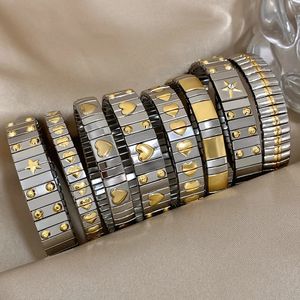 Vintage Edelstahl elastische klobige Armbänder für Frauen Männer Golden Stern Herz Verstellbares Uhrenbänder wasserdichte Schmuck 240428