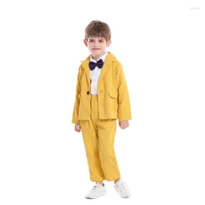 Kläder sätter höst- och vinter corduroy långärmad kappa båge lapel skjorta smarta byxor pojkes kostym tredelar set barn