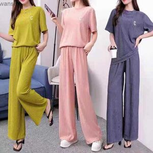 Women's Two Piece Pants Wrinkle embroidered short sleeved top straight wide long leg pants set womens 2024 shoulder straps 2-piece pajamas family casual wearL240429