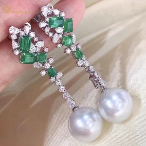Wong Rain Vintage 925 Sterling Silver Natural Pearl Emerald High Carbon Diamond Gemstone Drop Earrings Customized Fine Jewelry 240428