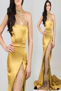 Mermaid High Neck Gold Gold Night Dresses Apliques Fished Seethrough Alta Perna Flit Vestidos formais de festa sexy de festa5533660