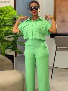 Women's Two Piece Pants Womens two-piece spring/summer casual solid lapel short sleeved loose top wide leg pants set street outfit setL240429