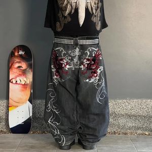 Y2K Kadınlar Harajuku Moda Trendi Nakış Desen Hip Hop Vintage Street Sıradan Denim Pantolon Erkekler İçin Düz Geniş Bacak Kotu 240425