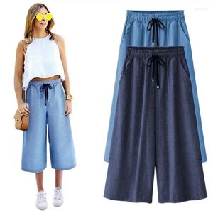 Jeans femminile estate donna in denim pantaloni in modo casual pantaloni a vitello sciolti 2024 spiaggia per vacanza morbida in vita alta gamba larga