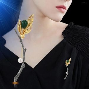 Brooches Elegant Enamel Orchid For Women Rhinestone Pearl Magnolia Flower Clothes Badges Pins Plant Corsage Jewelry Gifts