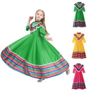 Girl Dresses 3-12 Years Swing Dress Mexican Costume Kids Long Sleeve Halloween Lace Princess Party Children Prom Gown Robe