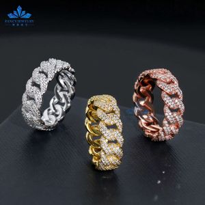 Fine Jewelry Iced Out Hip Hop 7mm 18mm Cuban Link Ring Gold Plated 925 Silver Vvs Moissanite Diamond Finger Band for Men