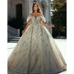 Arabic Ebi Aso Size Plus Luxurious Sparkly Sexy Wedding Dress Sheer Neck Beaded Crystals Bridal Gowns Dresses Zj Es