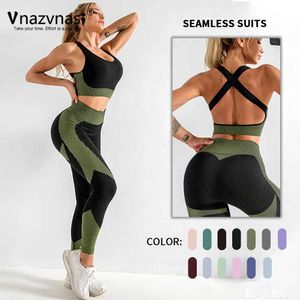 Frauen Traursuits Vnazvnasi 2 PCs nahtloser Sportanzug zurück Crossover BH Hip Lift Leggings Push Up Sportswear Frau Fitnessstudio Workout Kleidung Y240426