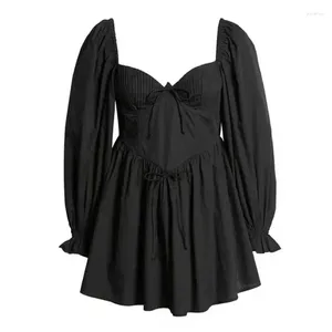 Party Dresses Boho Inspired Black Dress Puff Pintucked Cups Mini Tie Back Sexy Women 2024 Spring Summer Girl