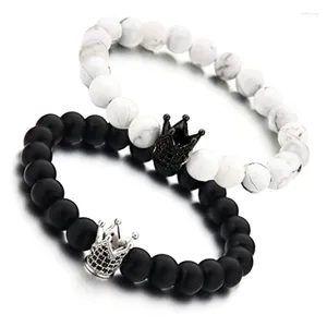 Strand 8mm Matte Black Crown Bracelet For Couple 2pcs Luxy Magnesite Frosting Stone Bead Handmade Jewelry Gift