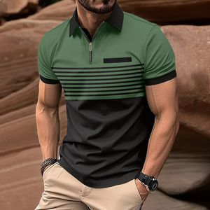 Mens POLO Shirt Casual striped zipper fake pocket Social Polo lapel Daily Luxury Comfort top Party short sleeve 240426