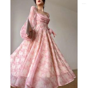 Casual Dresses Pink Floral Dress Summer Woman Long Sleeve Chiffon Midi Even Party Elegant Flormal Beach Style 2024