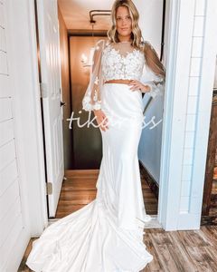 Sexig tvådelar Boho Wedding Dresses 2024 Illusion Långärmad applikationer Lace Beach Bridal Dress Civil Backless Rustic Country Bride Dress Robe de Mariee Elegant