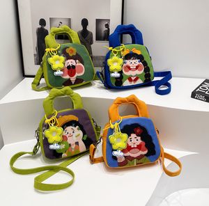 Çocuklar güzel karakter baskılı pamuk dolgulu çanta güzel kızlar tek omuz çantası çocuklar patchwork renk crossbody çanta z7944