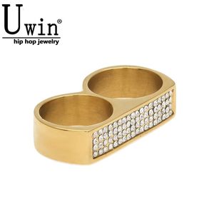 Uwin Mens Two Finger Hip Hop Rings Iced Bling Rhinestone rostfritt stål Guldfärg Ring Fashion Party SMycken Storlek 9 och 10 240414