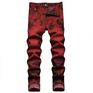 Mäns jeans högkvalitativa slim-fit för män tie-dye snö tvätt tegel röd denim rak byxor streetwear mode casual byxor q240427