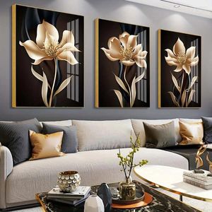Gobeliny 3PCS 15.7x23.6in/40x60cm bez ramy czarne i złotą ścianę kwiatową malowanie płótna do dekoracji salonu