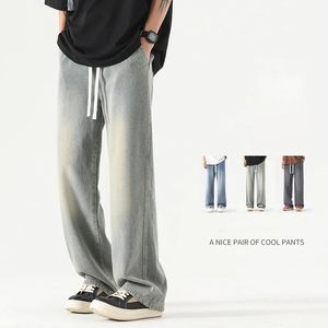 Summer fino masculino calça de jeans de calça elástica de gente de streetwear de moda coreana de jeans de perna larga e masculino roupas de marca 240426