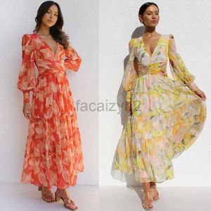 Basic Casual Dresses Designer Dress Fall and winter casual printing long-sleeved V-neck large swing dress