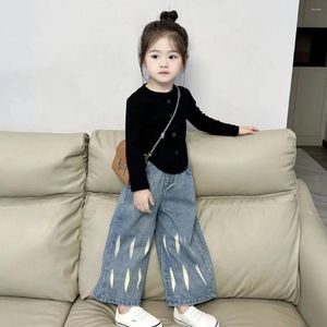 Giyim Setleri Kız Bebek Çocukları Balack Tshirts Bahar Sonbahar Çocuk Moda Gündelik Uzun Kollu Top Gevşek Jean Pantolon 2 PCS SET SOKAK GİYESİ