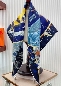 Scarvesblue Silk Cashmere Scalf Kobiety luksusowy projektant duży szal ROCELD STOLE COLTE CAPE DREFD Wzór statku