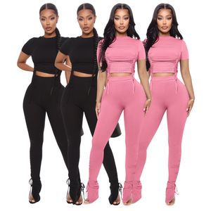 Womens Two Piece Outfits Summer 2 Pc Pant Set Black Pink Rib Short Sleeve Ruched Crop Top Slim Long Pant Casual Clothes