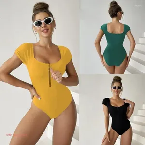 Kadın Mayo Seksi Fermuar Parça Mayo Kadınlar Kızlar Düz Renk Kısa Kollu Bodysuit Push Up Monokini