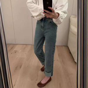 Jeans a lembo dritti classici per donne 2024 primavera Nuovi pantaloni a vita alta blu casual