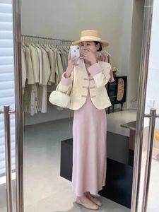 Work Dresses 2024 Spring Chinese V-neck Button Coat Women's Solid Color Bottom Slim Fit Dress Set Of Two Female Clothing