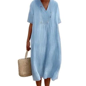 Basic Casual Dresses Korean Comfortable Casual Cotton Linen Women Dress Summer New V Neck Pullover Short Slve Dresses Female Beach Style Loose Gown Y240429