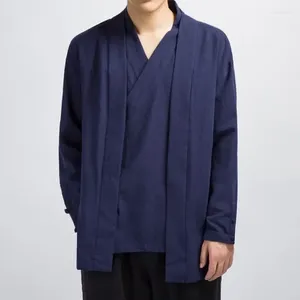 Herren lässige Hemden Sinieismus Store Ins Männer Kleidung 2024 Herren Baumwolle und Leinen fester kausaler Kimono Schwarz Jacke Männlicher koreanischer Stil Windbreaker