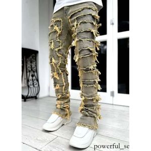 Кисточки европейские и американские джинсы в супертяжелом весе на растяжек для мужчин High Street Straight Fit Long Jeans 8603