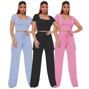 Kadınlar İki Parça Kıyafet Yaz 2 PCS Pantolon Set Kaburga Kısa Kollu Kare Boyun Mahsul Üstü Pantolonlu Cep Siyah Pembe Mavi Giysiler