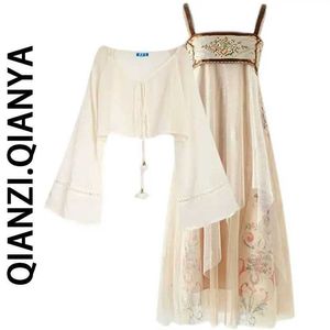 Ethnic Clothing Womens Summer Suit Chinese Traditional Modified Hanfu Wear Sun-proof Chiffon Blouse Straps Dress Two-piece Set