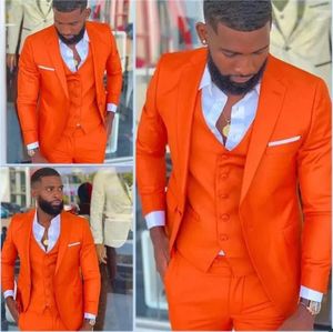 メンズスーツオレンジ色のプロムマンのための高品質のジャケットカジュアル3ピース衣料ファッションブレザーワンボタンスリムフィットリネンウェディングタキシード
