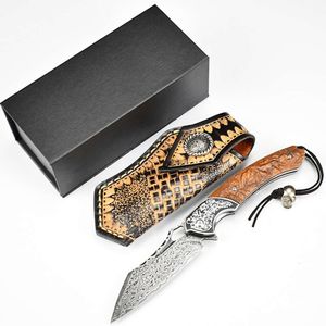 Hk003 High Quality Folding Knife Damascus Steel Hunting Outdoor Pocket Knife With Leather Sheath