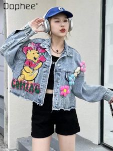 Marca di moda per le giacche da donna con sequestro in perline di fumetti corti Coat Denim femmina 2024 Spring e Giacca da donna a maniche lunghe autunnali