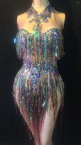 Stage Wear Colorful Fringes Bodysuit With Rhinestones Women Dance Costume Nightclub Female Singer Show Bright Leotard