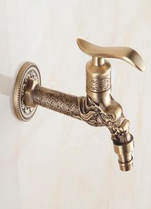 Wall Mount Craved Laundry Faucet Vintage Brass Long Water Taps Garden Bathroom Antique Bibcock Faucet Mixer Tap3747424