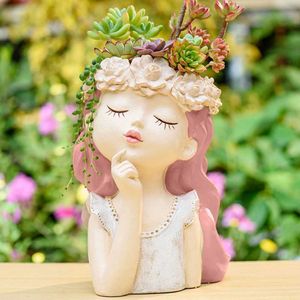 Planters POTS Söt tjej Facial Plant Juice Pot Harts Cactus Creative Gift for Female Thinker Flower Q240429